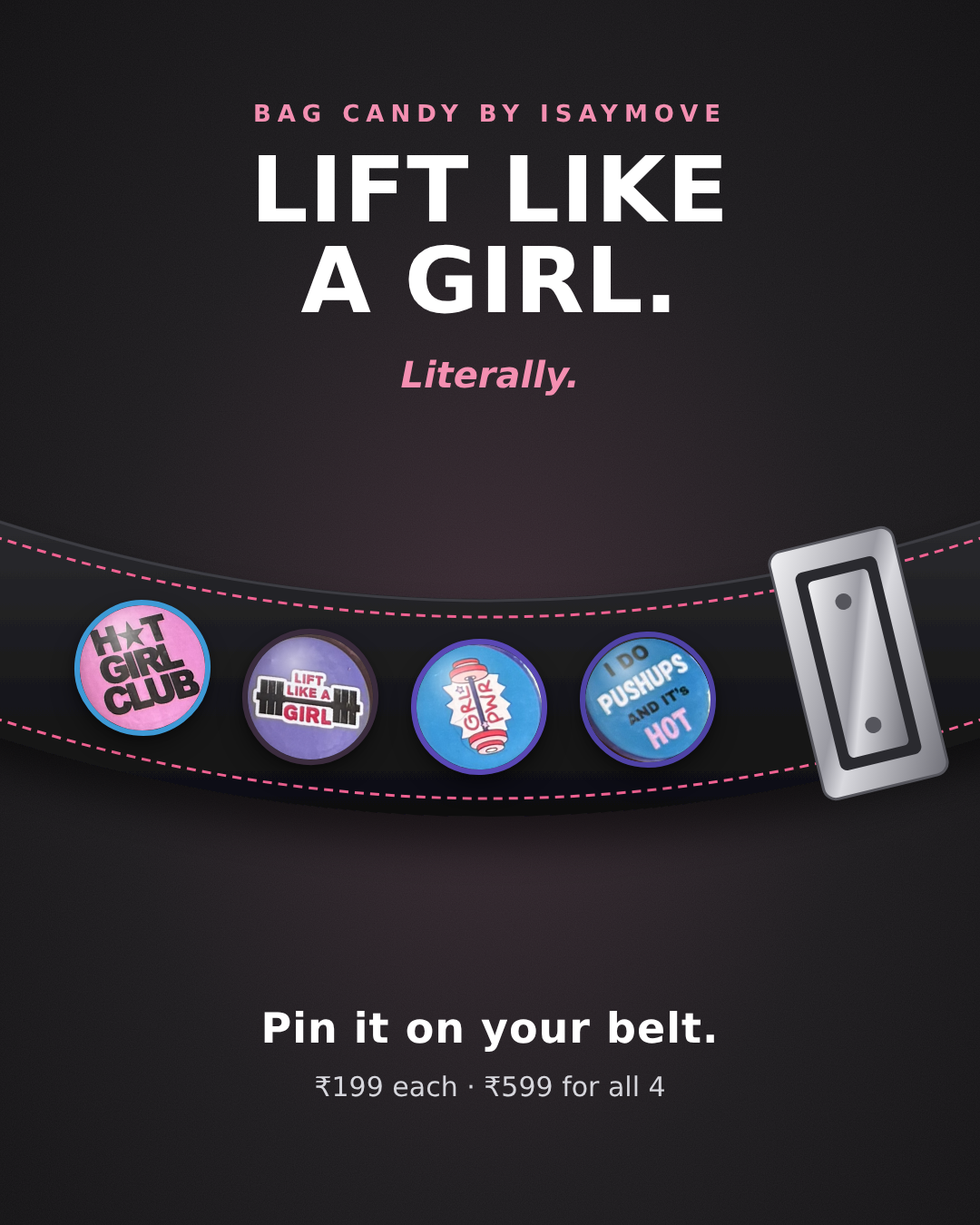 Bag Candy badges pinned on a lifting belt