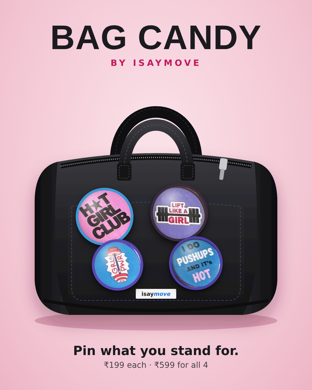 Bag Candy badges pinned on a gym bag